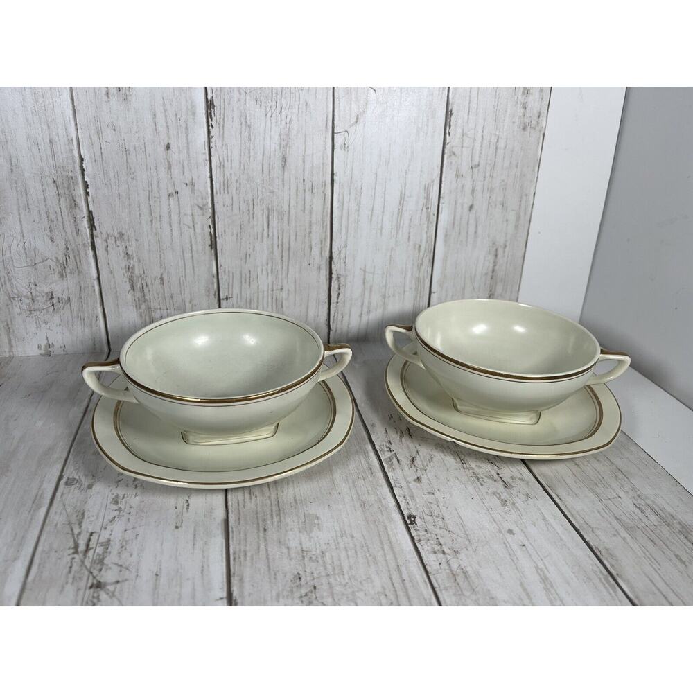 Homer Laughlin Wells Soup And Saucer Cup Double Handle Gold And Cream Peacock